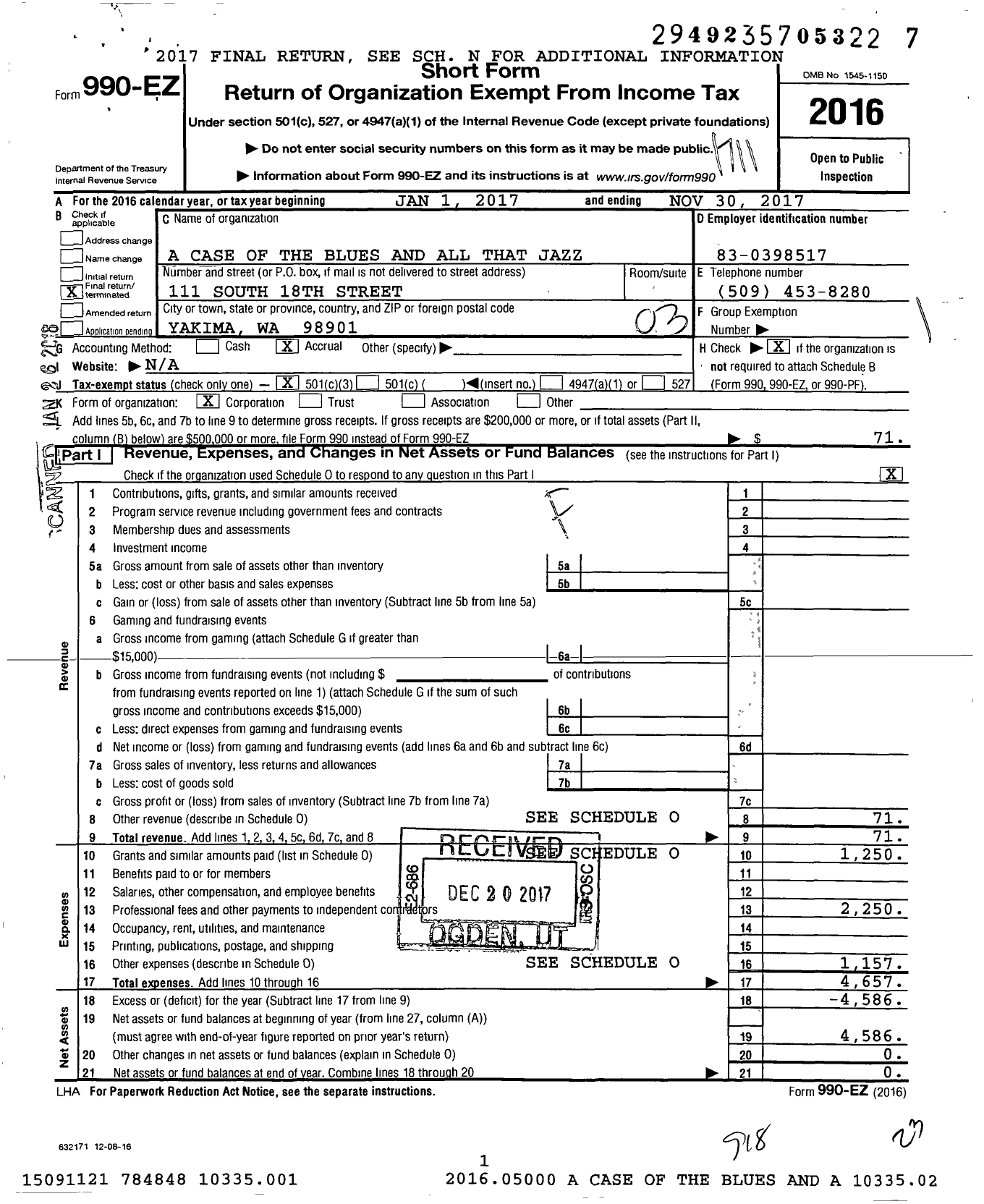 Image of first page of 2016 Form 990EZ for A Case of the Blues and All That Jazz