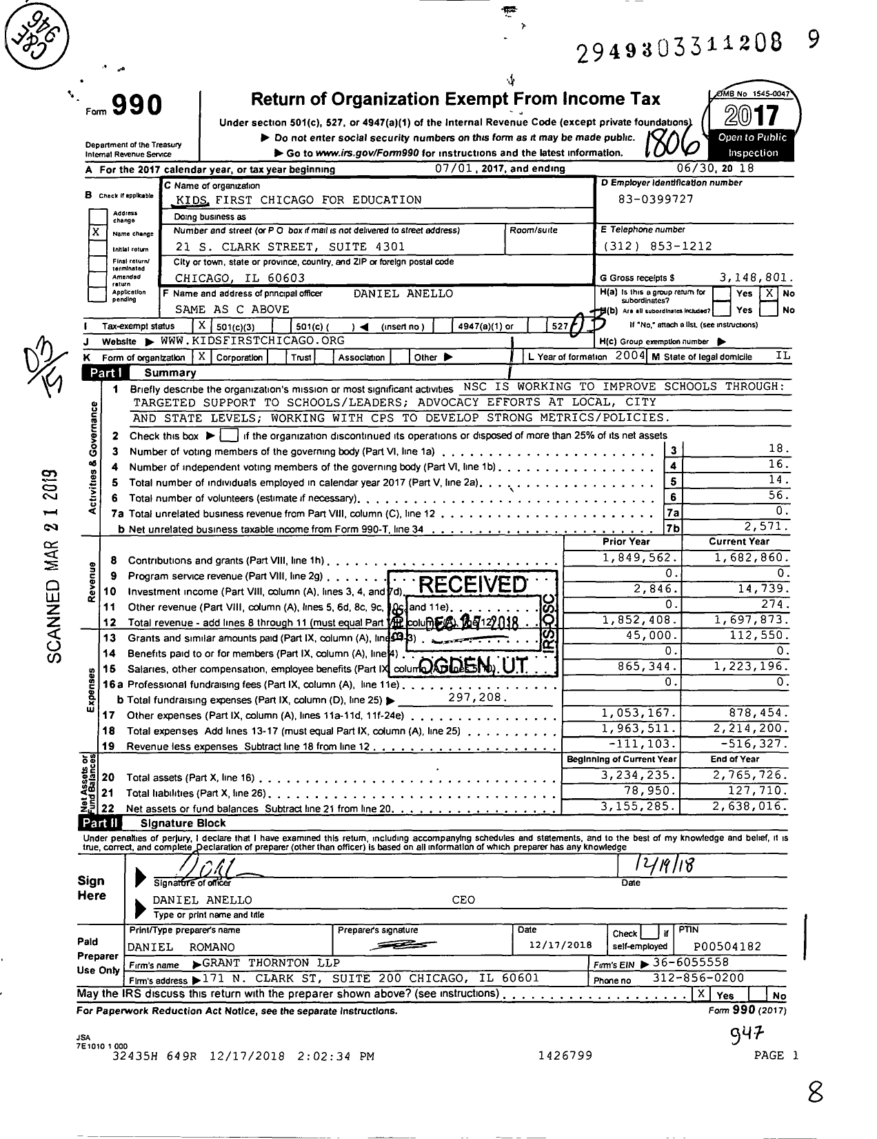 Image of first page of 2017 Form 990 for Kids First Chicago for Education (NSC)