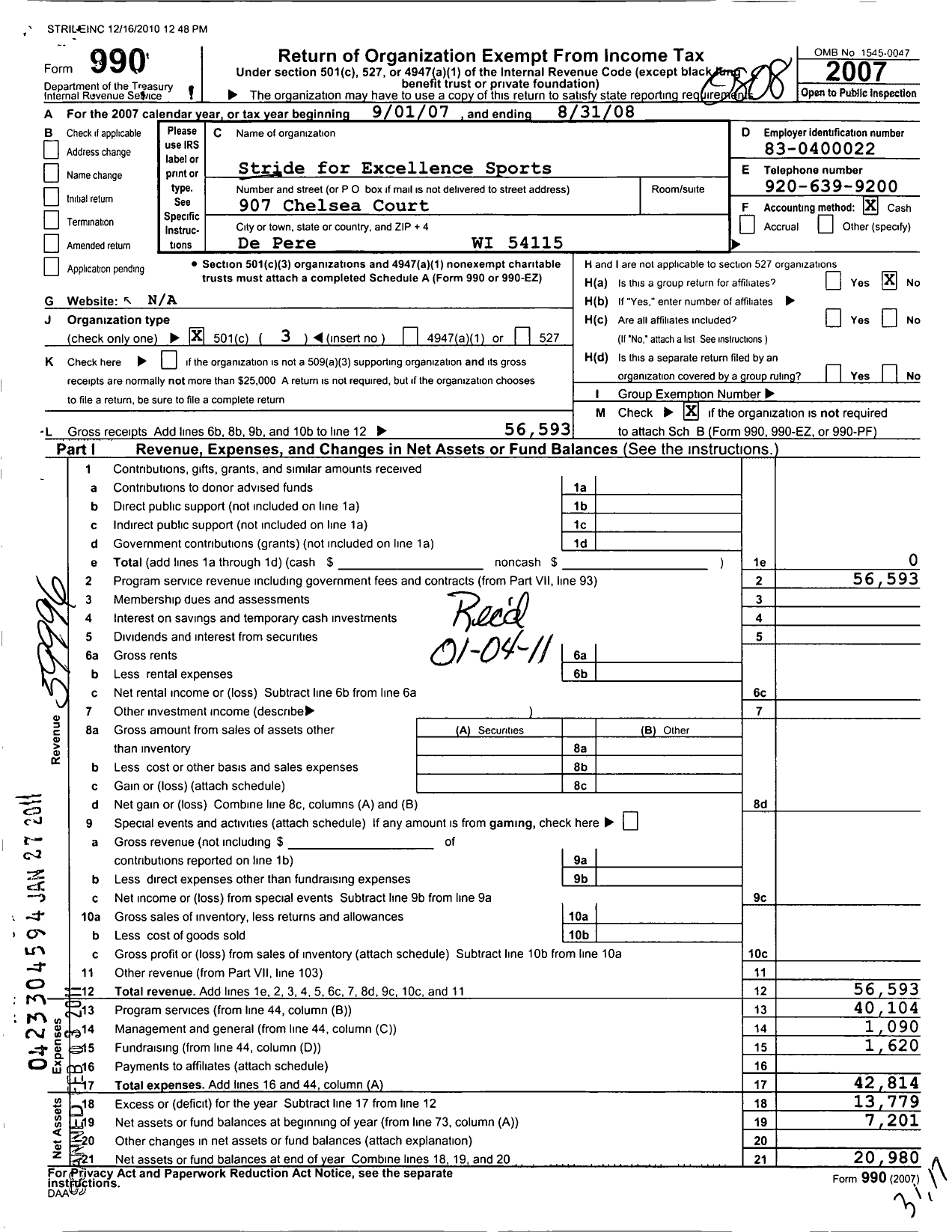 Image of first page of 2007 Form 990 for Stride for Excellence Sports Academy