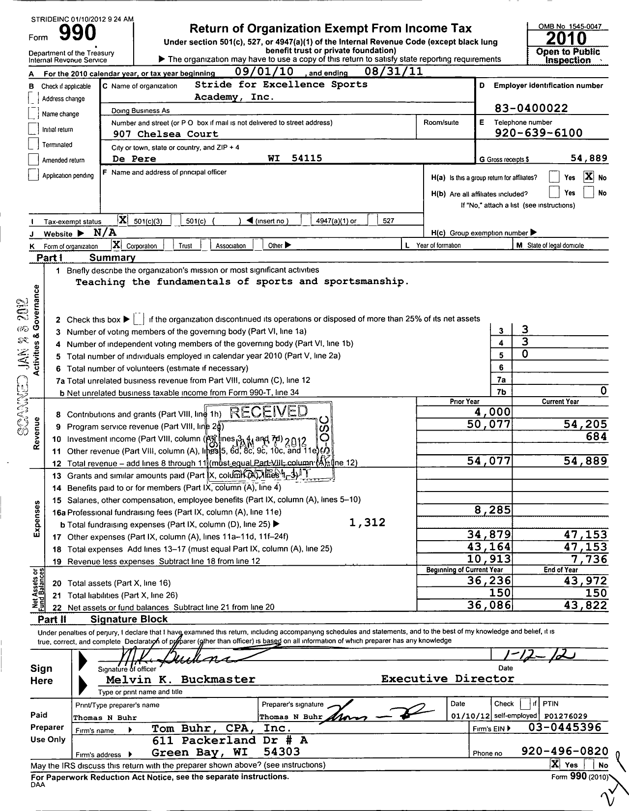 Image of first page of 2010 Form 990 for Stride for Excellence Sports Academy