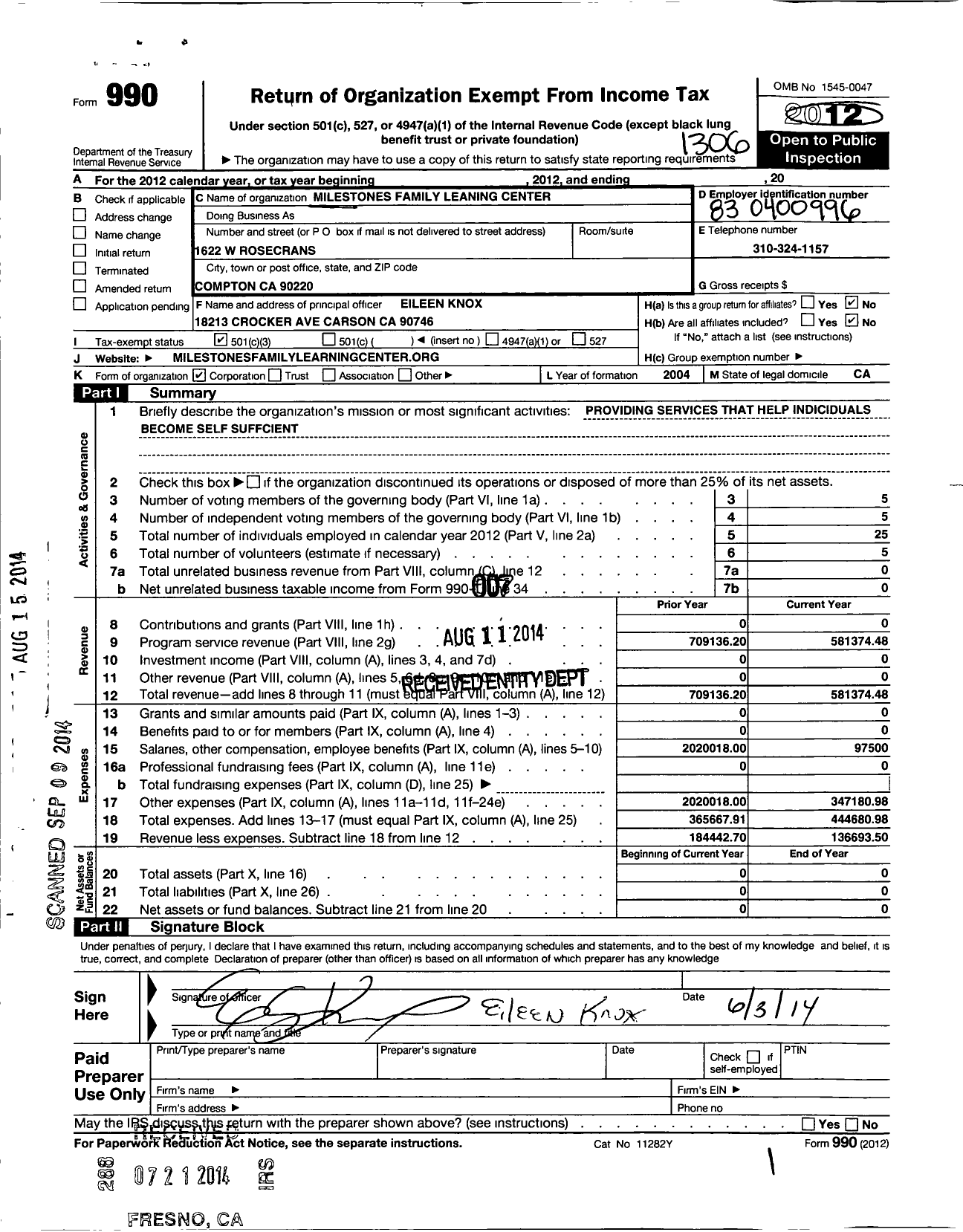 Image of first page of 2012 Form 990 for Milestones Family Learning Center