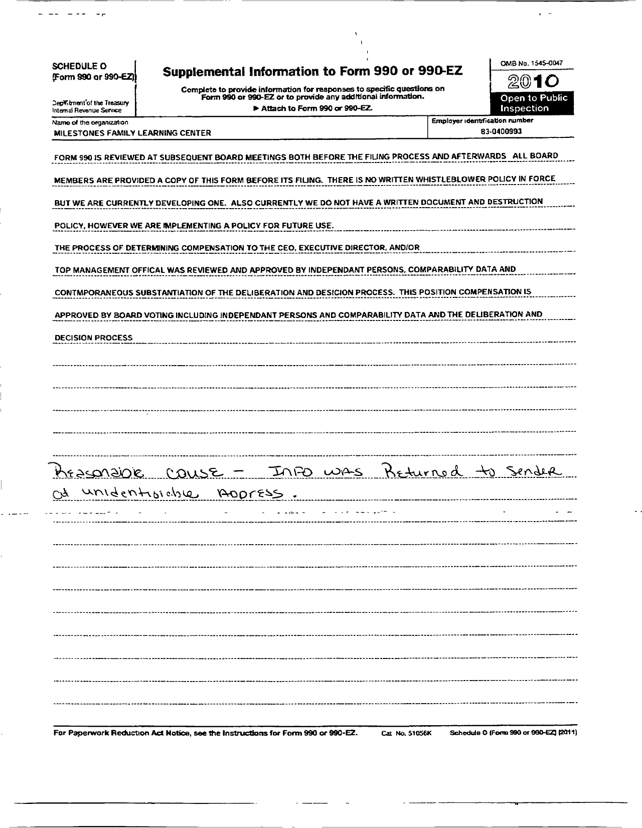 Image of first page of 2009 Form 990R for Milestones Family Learning Center