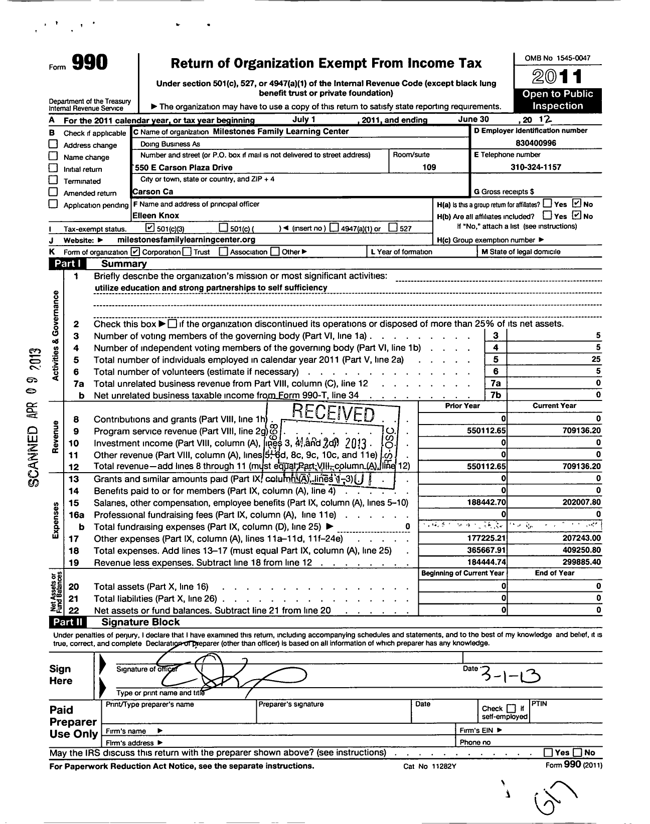 Image of first page of 2011 Form 990 for Milestones Family Learning Center