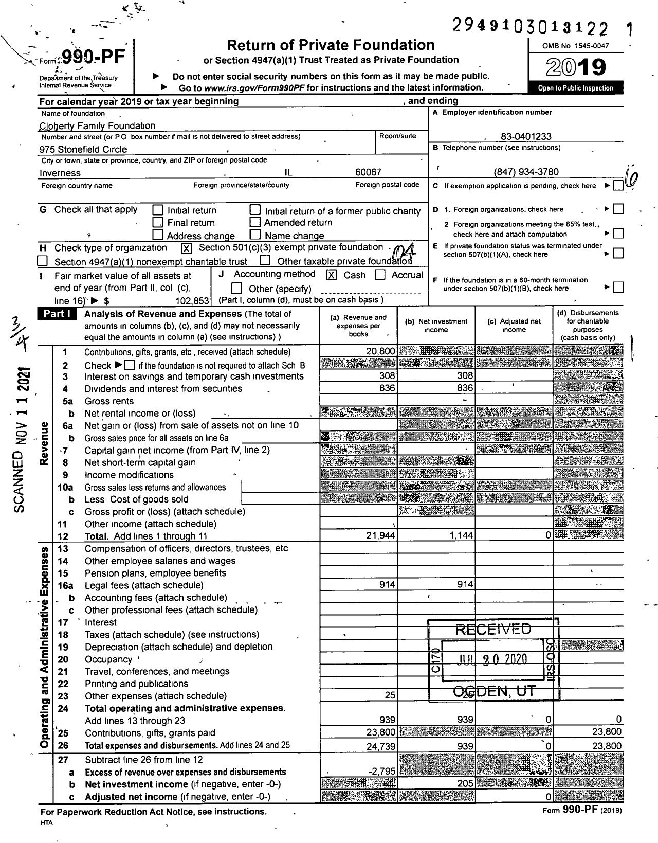 Image of first page of 2019 Form 990PF for Cloherty Family Foundation