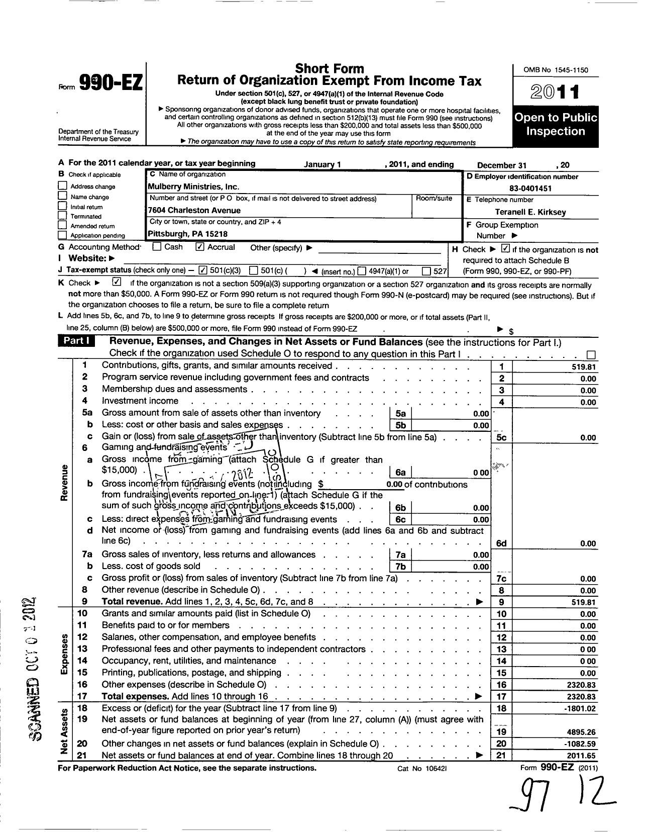 Image of first page of 2011 Form 990EZ for Mulberry Ministries