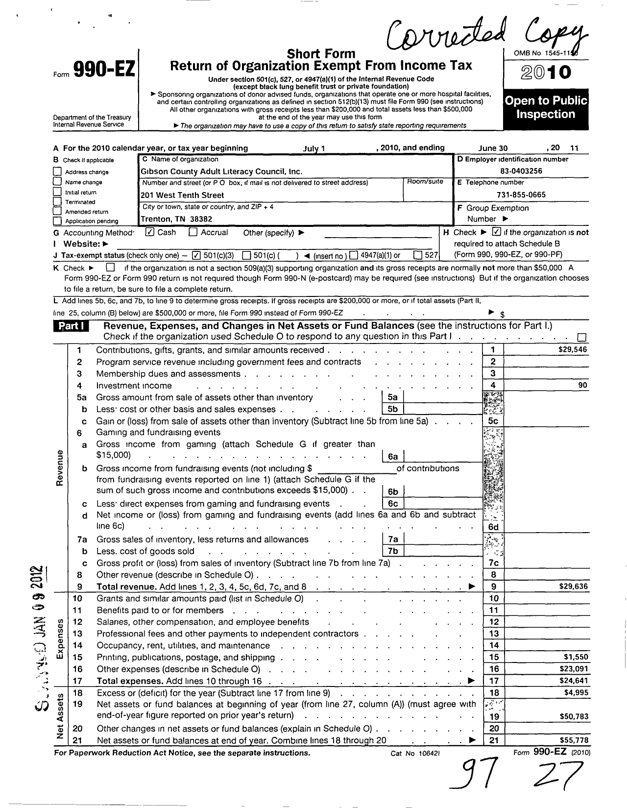 Image of first page of 2010 Form 990EZ for Gibson County Adult Literacy Counci L