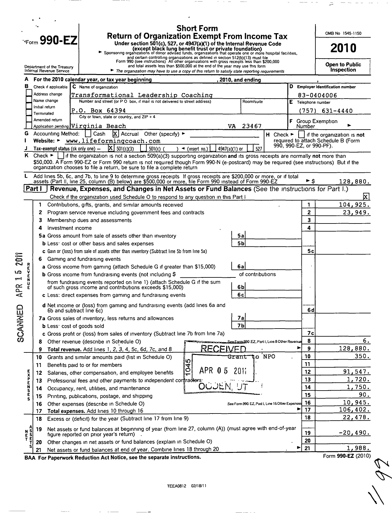 Image of first page of 2010 Form 990EZ for Transformational Leadership Resources