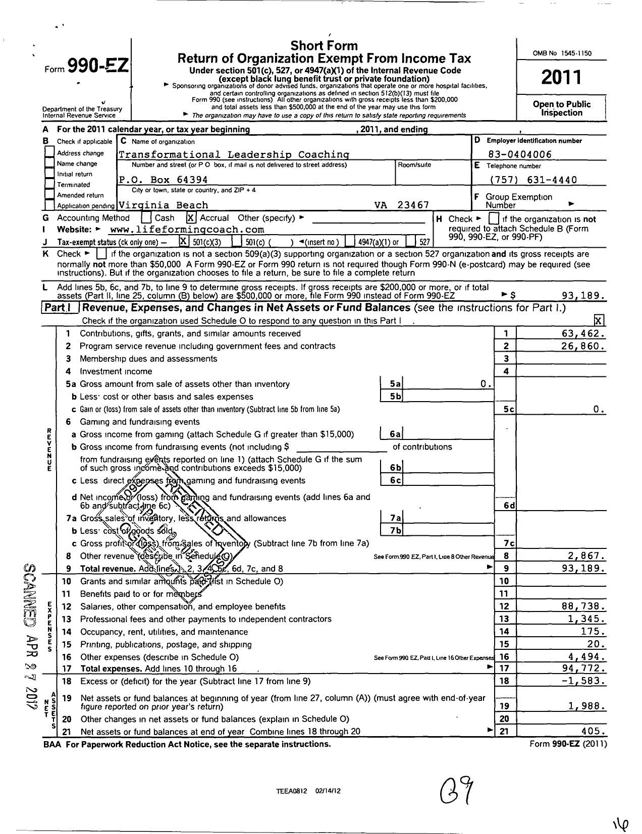 Image of first page of 2011 Form 990EZ for Transformational Leadership Resources