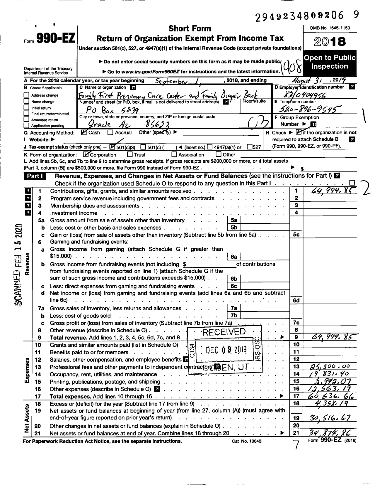 Image of first page of 2018 Form 990EZ for Family First Pregnancy Care Center and Family Diaper Bank