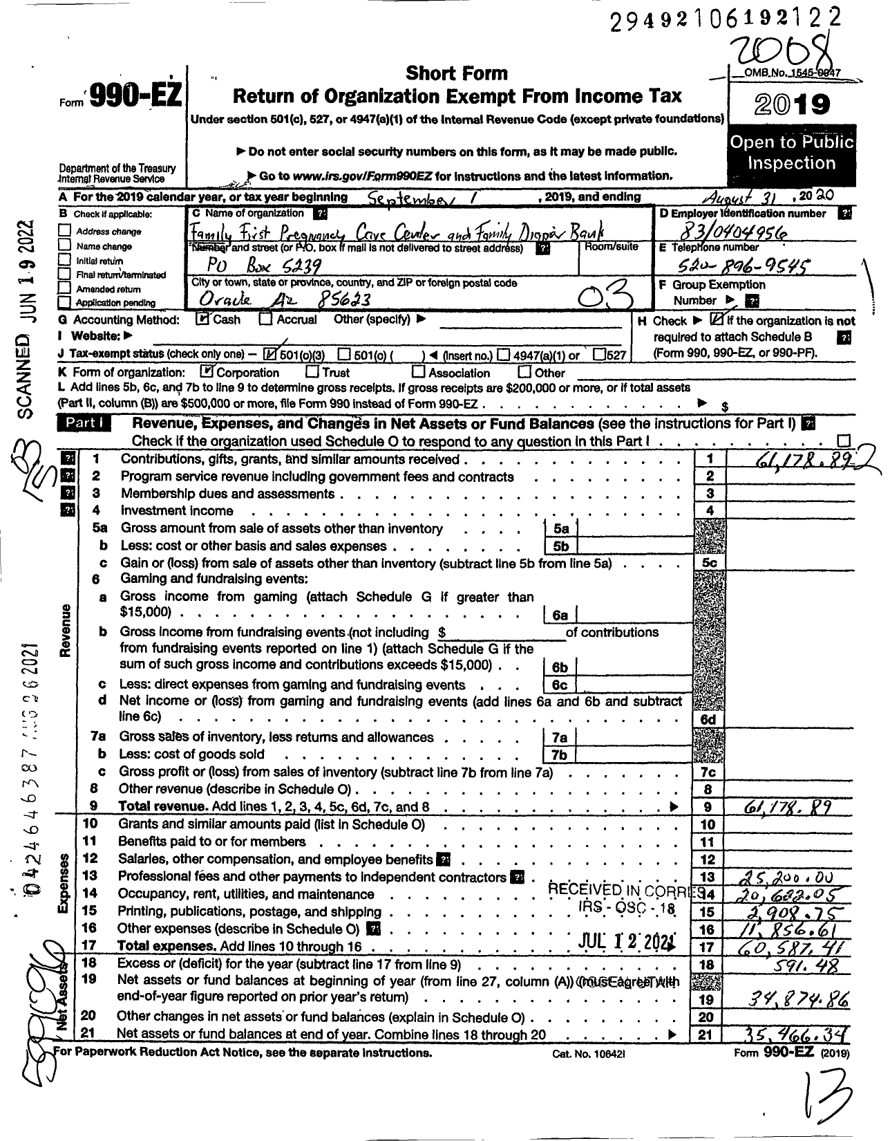 Image of first page of 2019 Form 990EZ for Family First Pregnancy Care Center and Family Diaper Bank