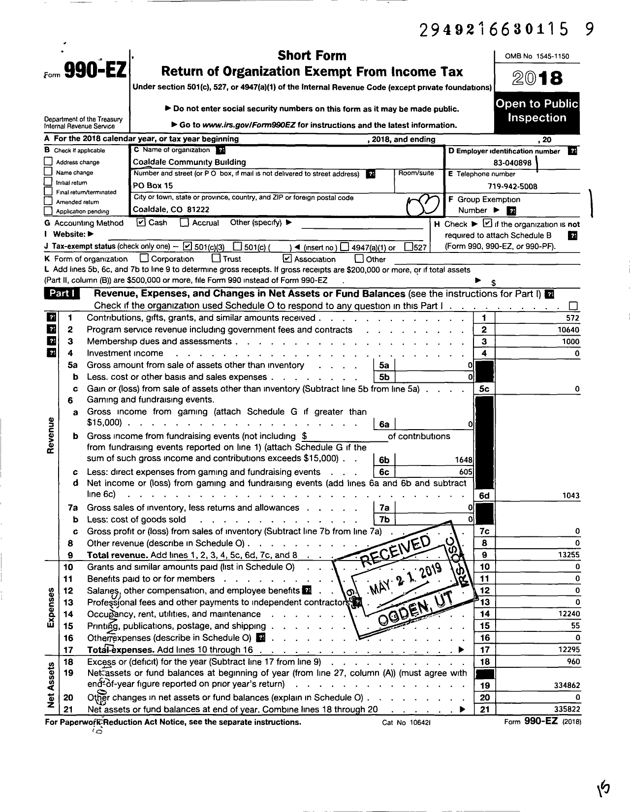 Image of first page of 2018 Form 990EZ for Coaldale Community Building Association