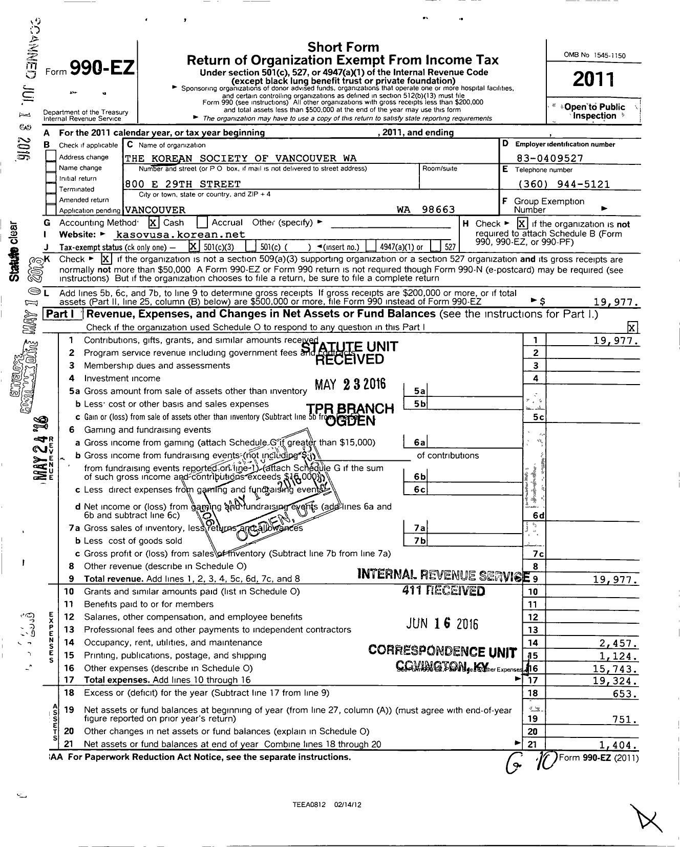 Image of first page of 2011 Form 990EZ for The Korean Society of Vancouver Wa