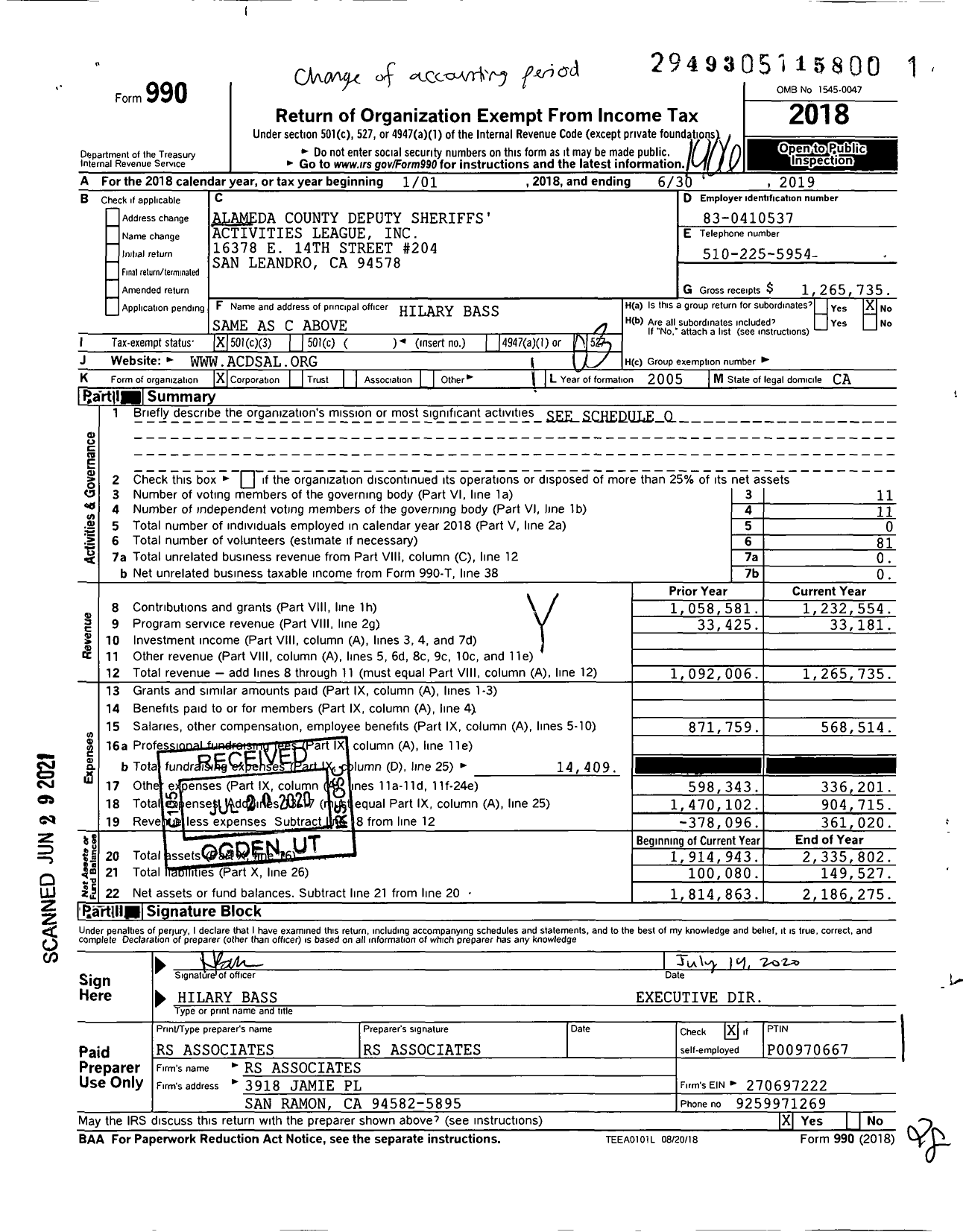 Image of first page of 2018 Form 990 for Alameda County Deputy Sheriffs Activities League