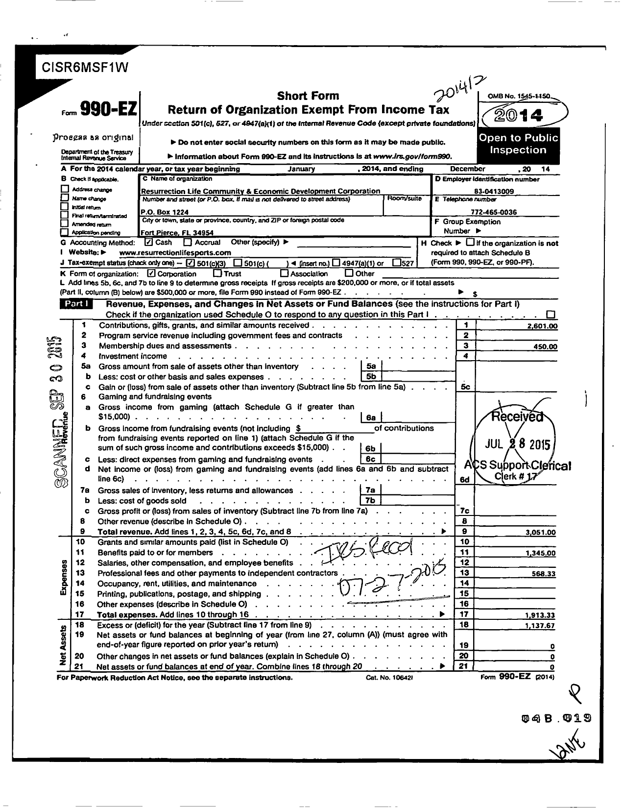 Image of first page of 2014 Form 990EZ for Resurrection Life Community and Economic Development Corporation