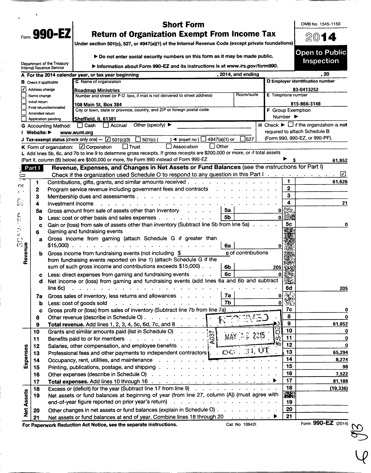 Image of first page of 2014 Form 990EZ for Road Map Ministries