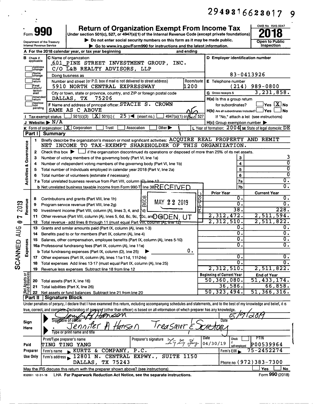 Image of first page of 2018 Form 990O for 601 Pine Street Investment Group