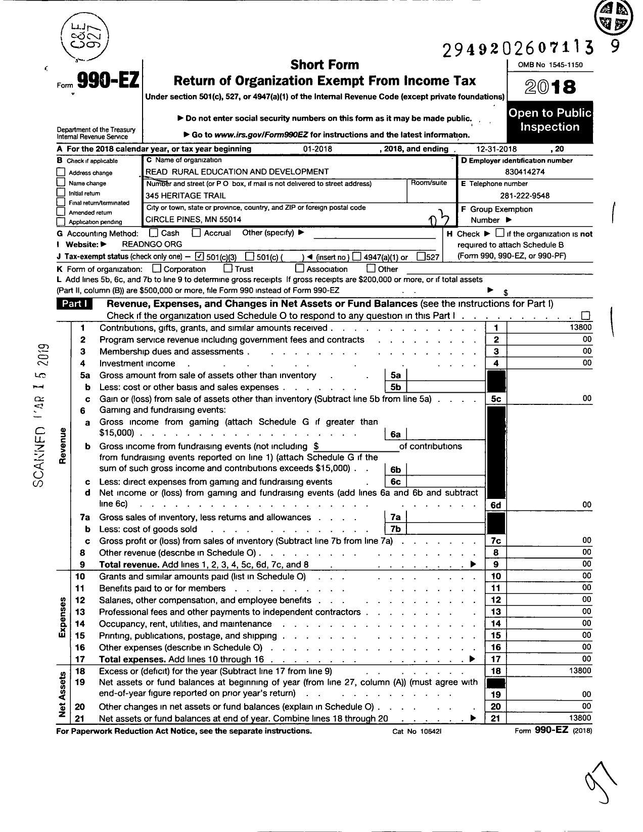 Image of first page of 2018 Form 990EZ for Education / Read-Rural Education and Development