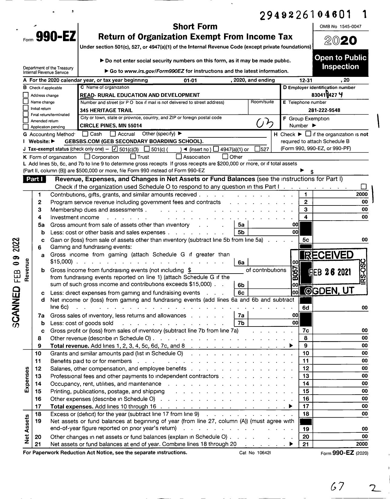 Image of first page of 2020 Form 990EZ for Education / Read-Rural Education and Development