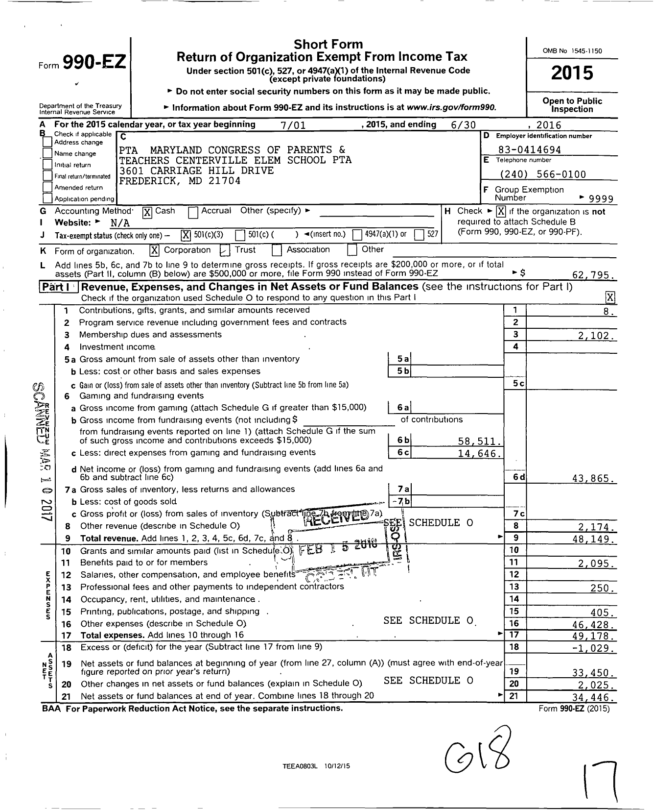 Image of first page of 2015 Form 990EZ for PTA Maryland Congress of Parents and Teachers Centerville Elem School PTA