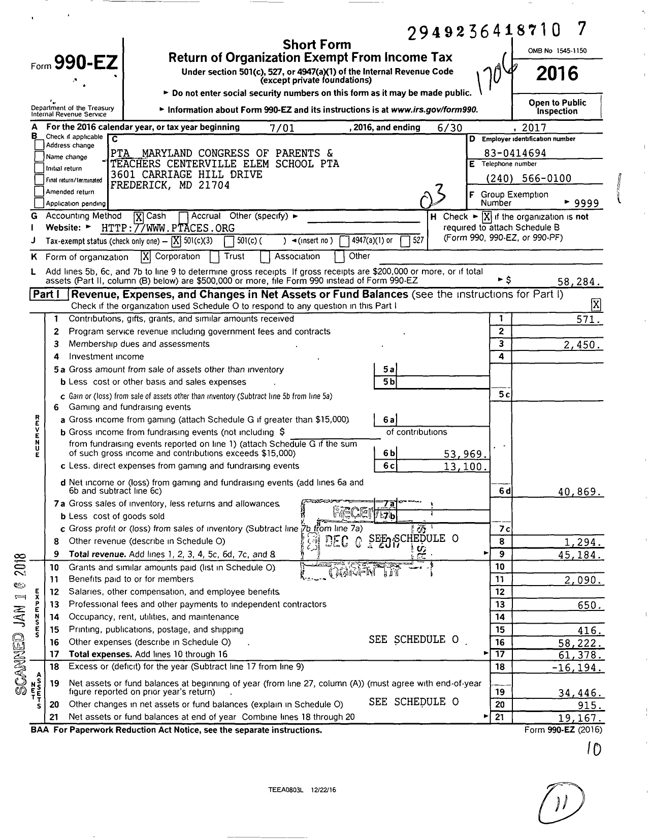 Image of first page of 2016 Form 990EZ for PTA Maryland Congress of Parents and Teachers Centerville Elem School PTA