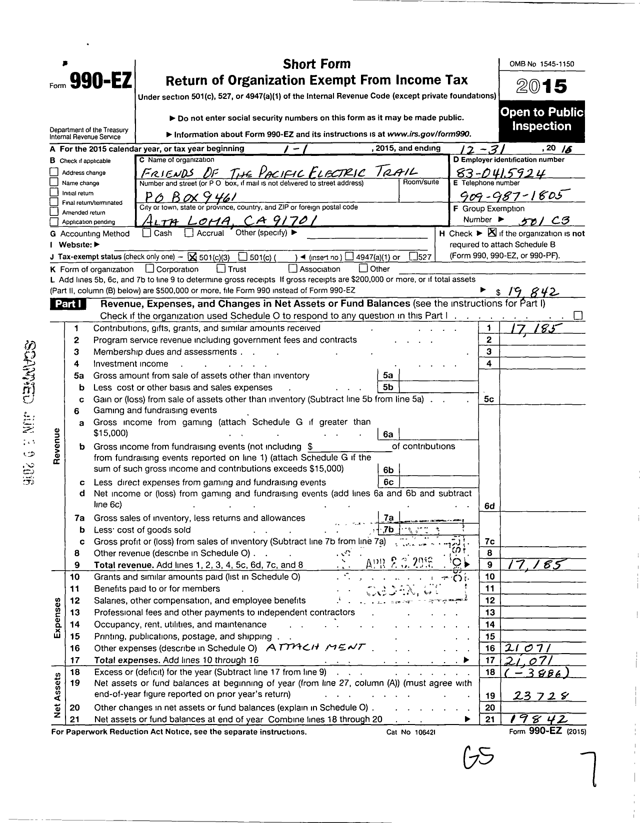 Image of first page of 2015 Form 990EZ for Friends of the Pacific Electric Trail