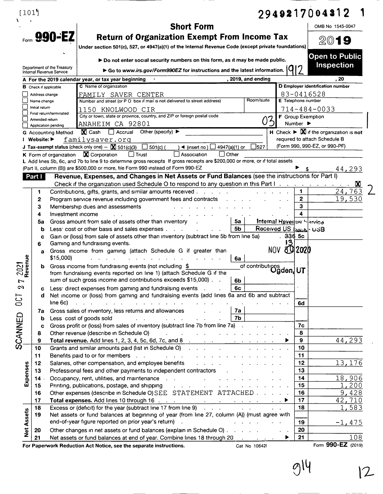 Image of first page of 2019 Form 990EZ for Family Saver Center