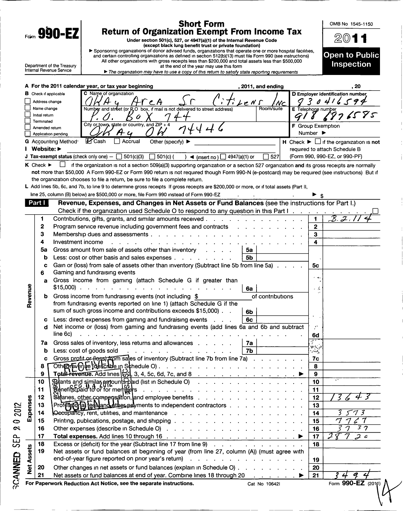 Image of first page of 2011 Form 990EO for Okay Area Senior Citizens