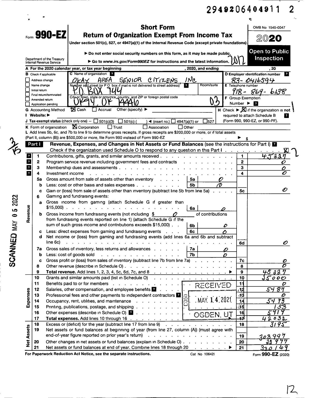 Image of first page of 2020 Form 990EZ for Okay Area Senior Citizens