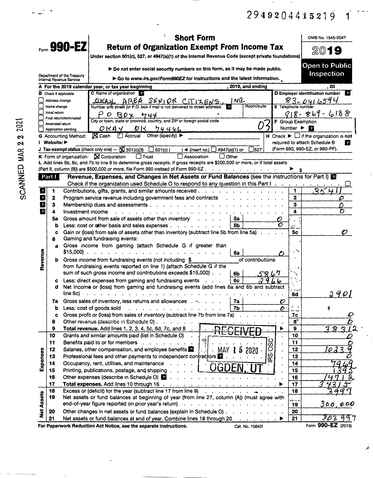 Image of first page of 2019 Form 990EZ for Okay Area Senior Citizens