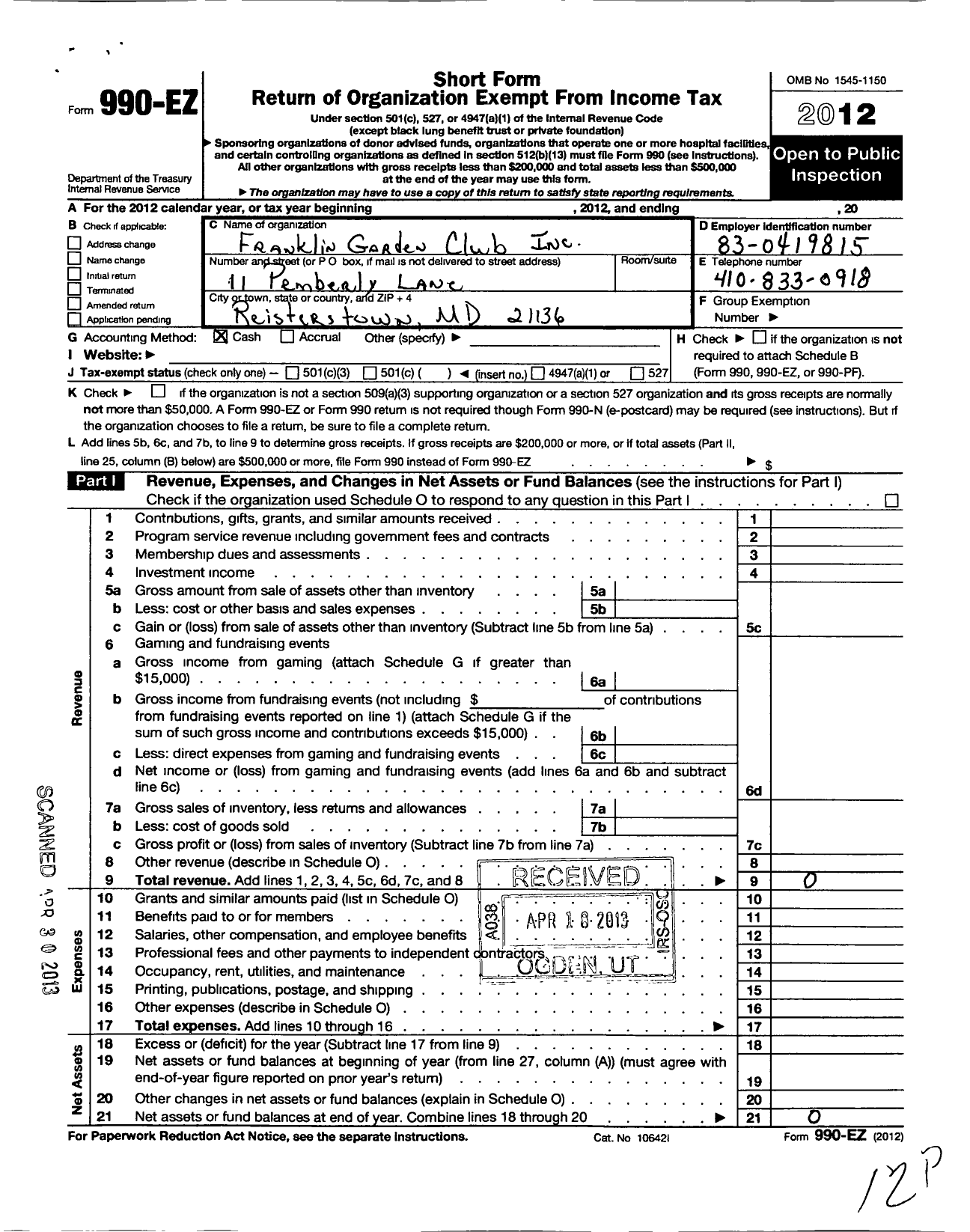 Image of first page of 2012 Form 990EO for Federated Garden Clubs of Maryland / Franklin Garden Club