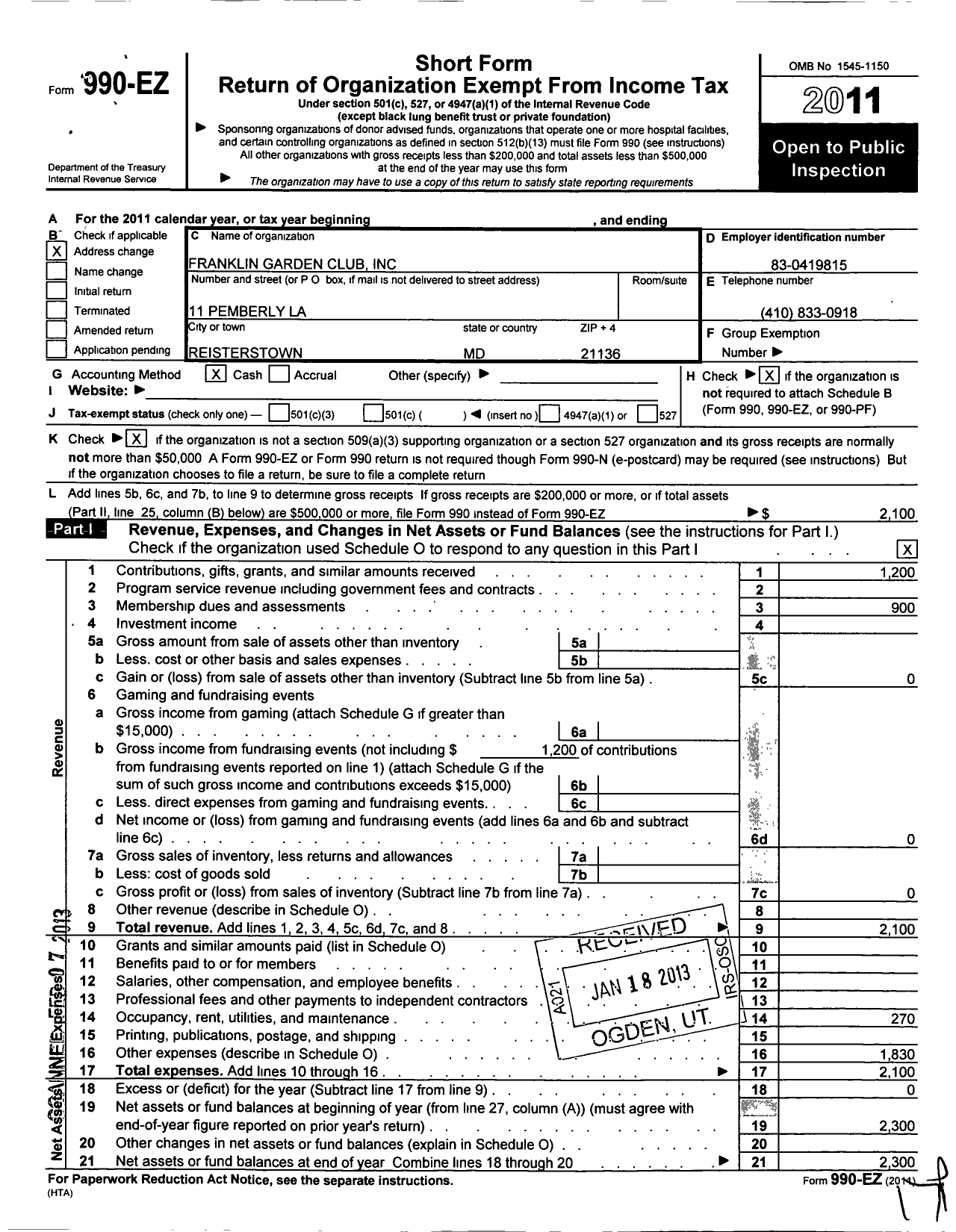 Image of first page of 2011 Form 990EO for Federated Garden Clubs of Maryland / Franklin Garden Club