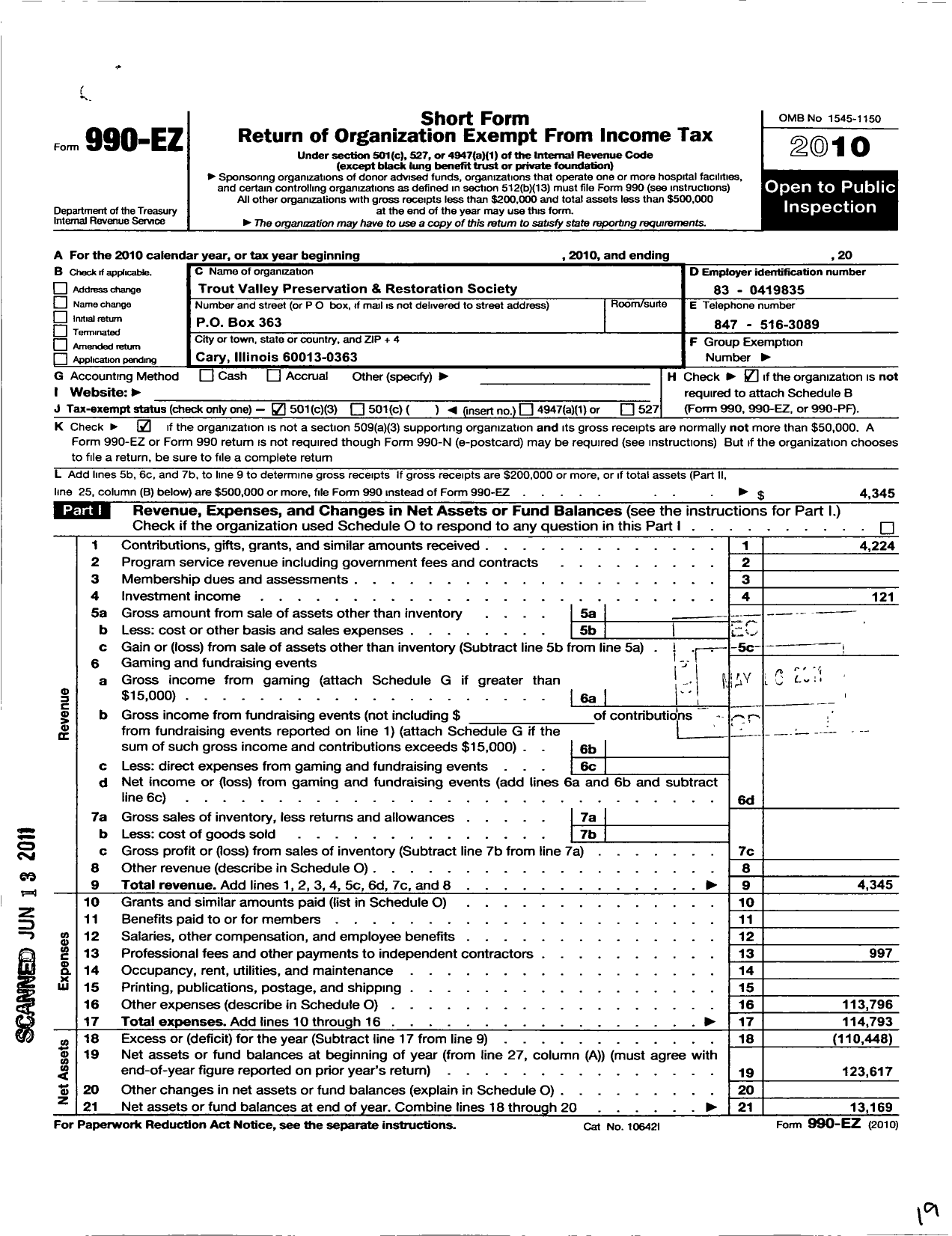 Image of first page of 2010 Form 990EZ for Trout Valley Preservation and Restoration Society