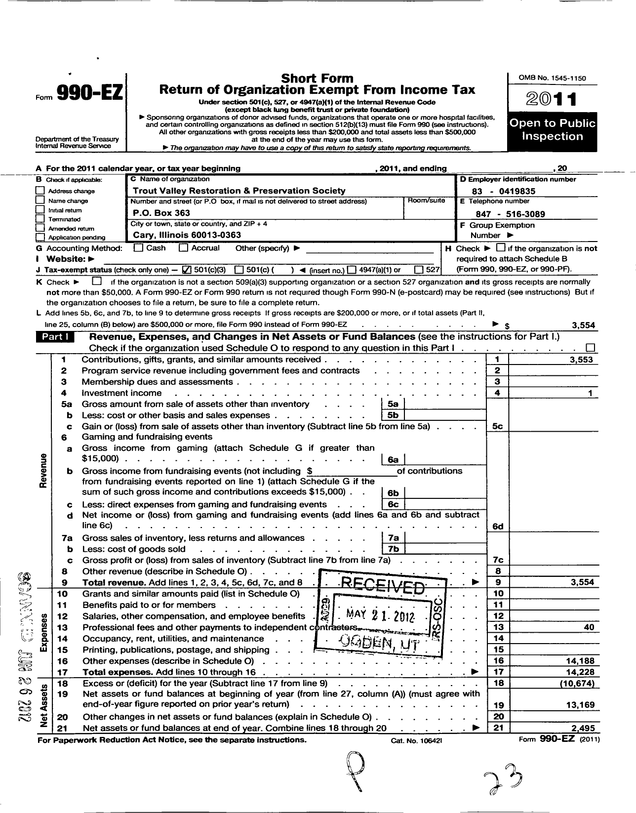 Image of first page of 2011 Form 990EZ for Trout Valley Preservation and Restoration Society