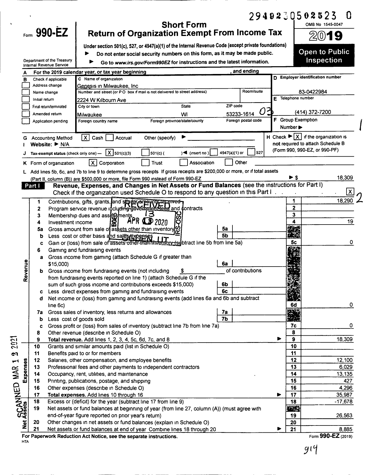 Image of first page of 2019 Form 990EZ for Genesis in Milwaukee