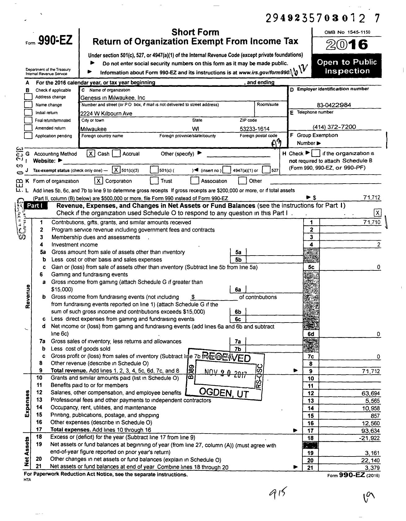 Image of first page of 2016 Form 990EZ for Genesis in Milwaukee