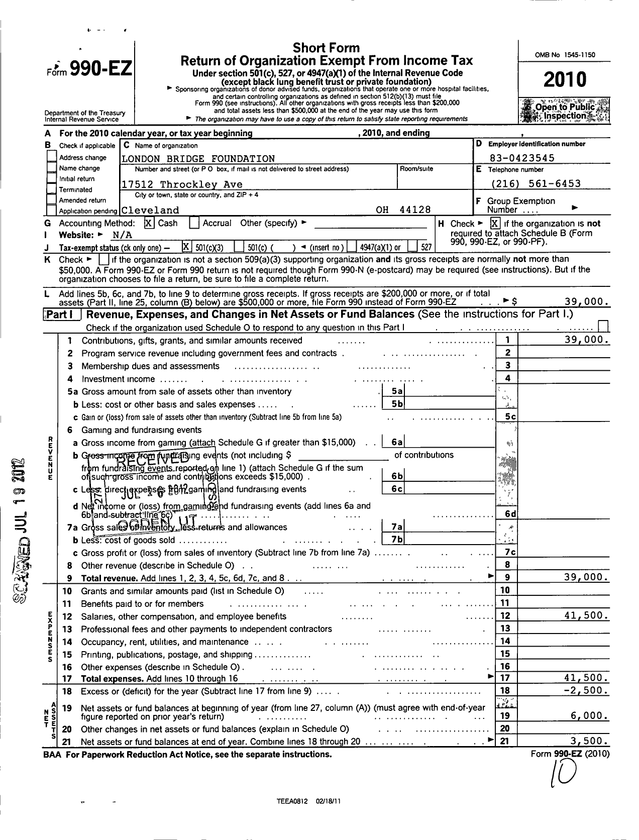 Image of first page of 2010 Form 990EZ for London Bridge Foundation