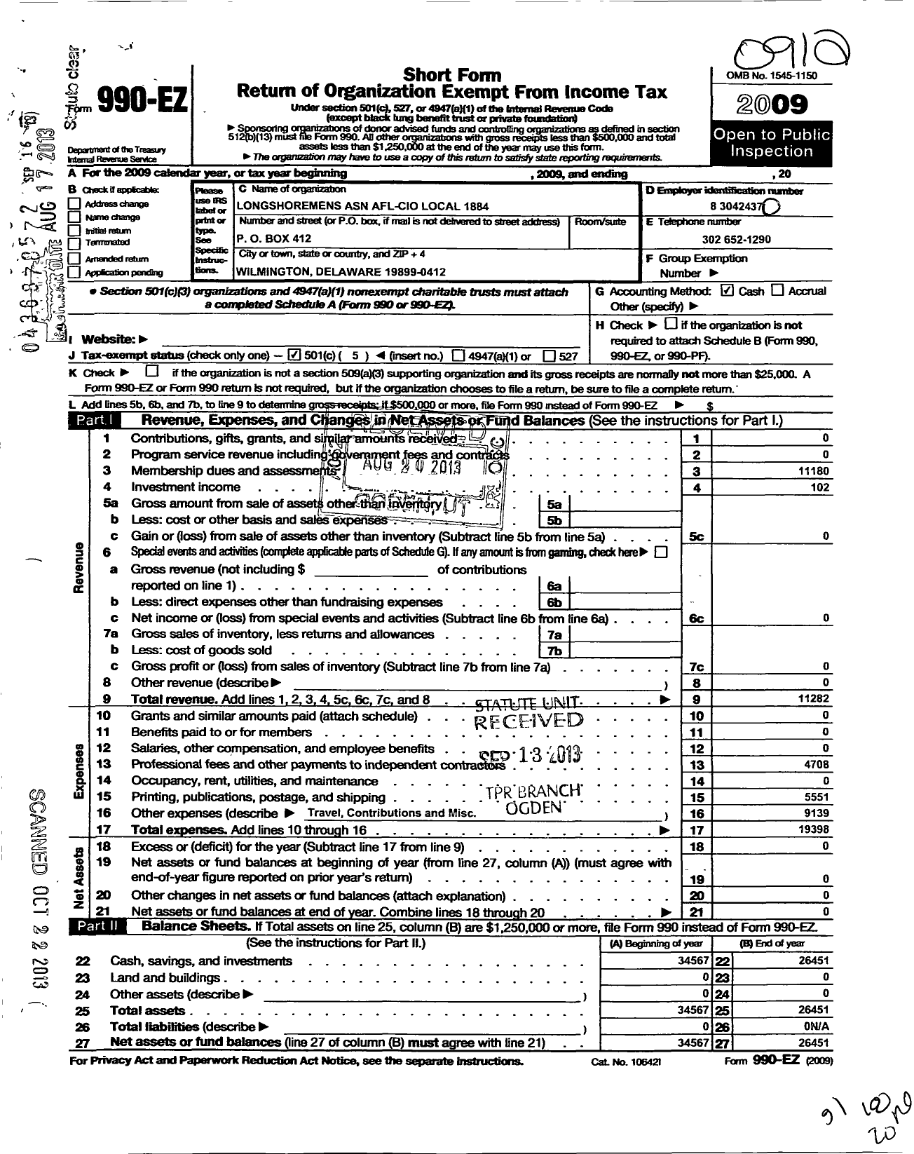 Image of first page of 2009 Form 990EO for AFL-CIO - 1884 Local Longshoremens Asn