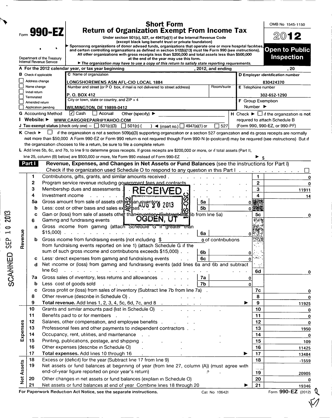 Image of first page of 2012 Form 990EO for AFL-CIO - 1884 Local Longshoremens Asn