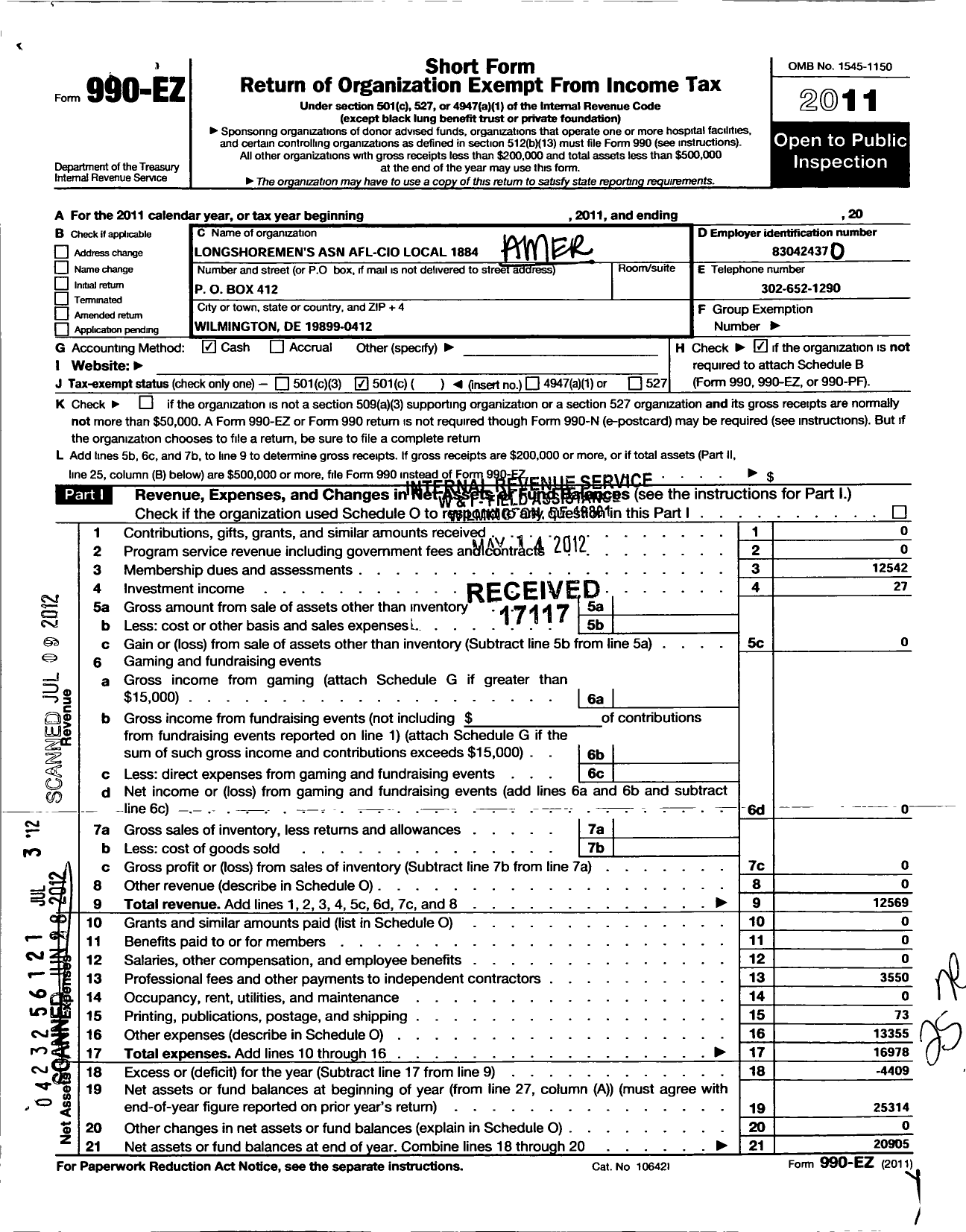 Image of first page of 2011 Form 990EO for AFL-CIO - 1884 Local Longshoremens Asn