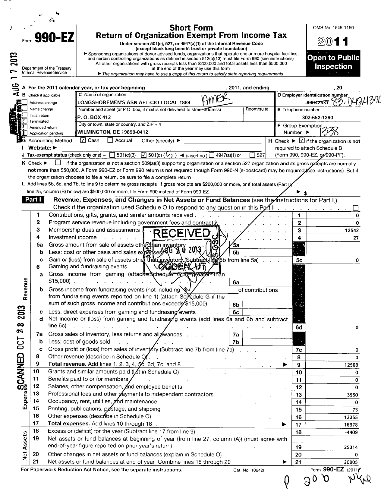 Image of first page of 2011 Form 990EO for AFL-CIO - 1884 Local Longshoremens Asn