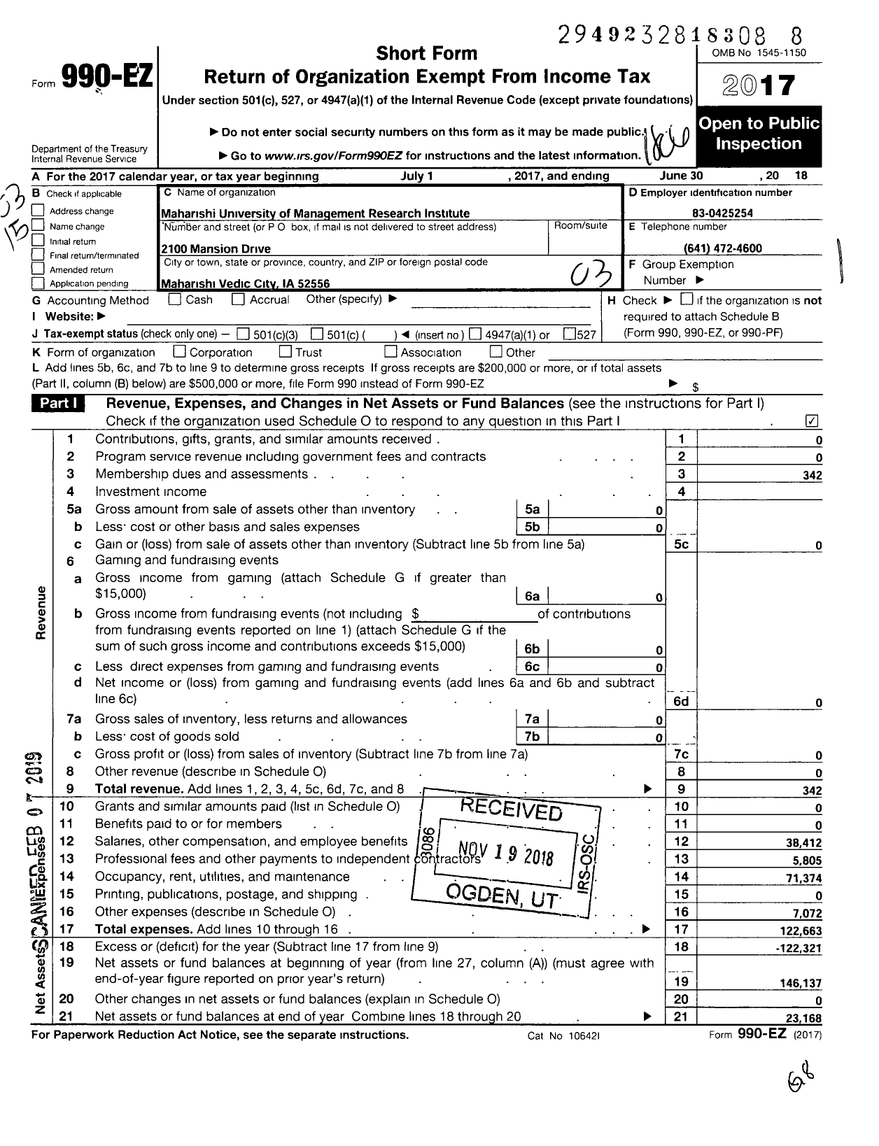 Image of first page of 2017 Form 990EZ for Institute for Prevention Research