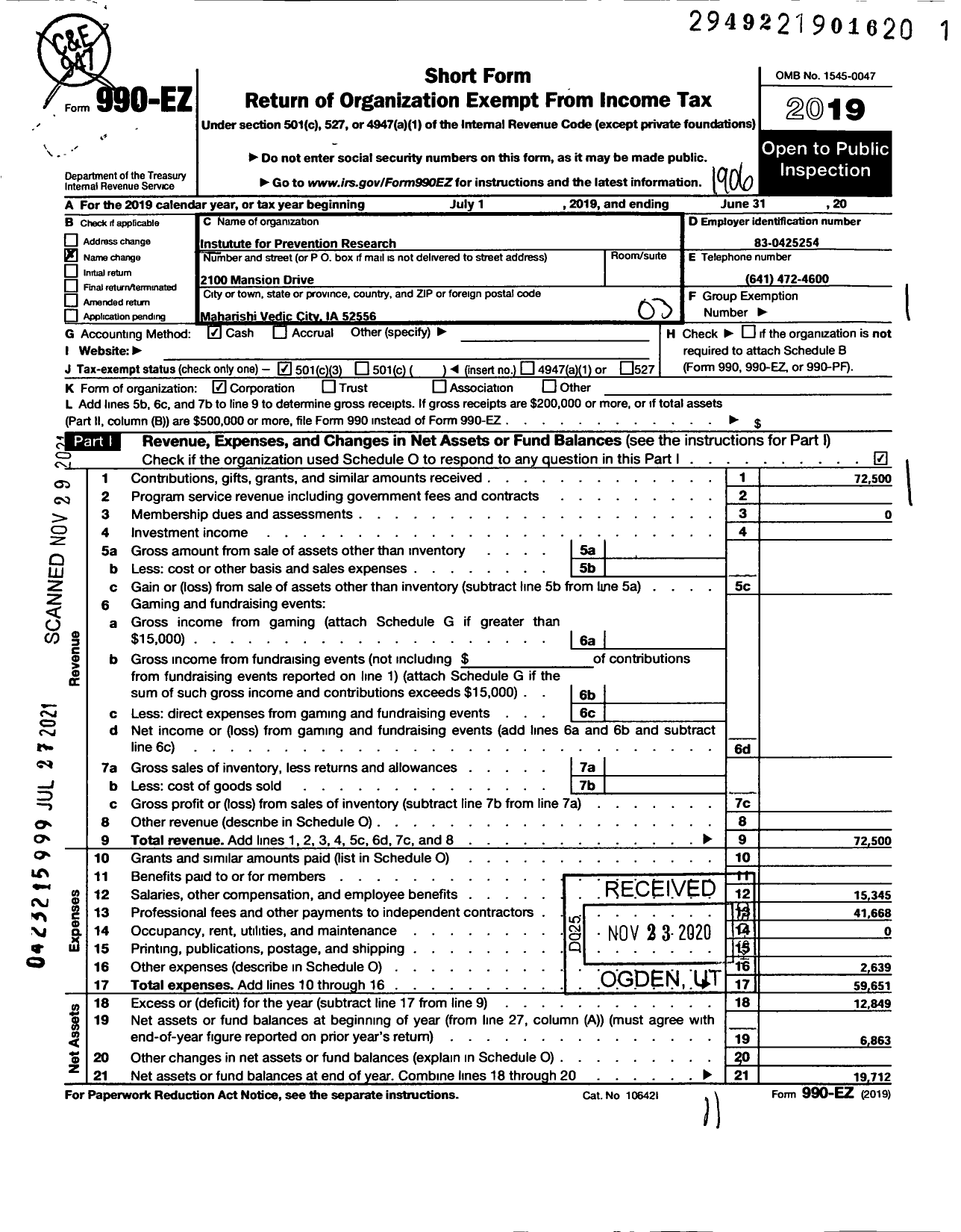 Image of first page of 2018 Form 990EZ for Institute for Prevention Research