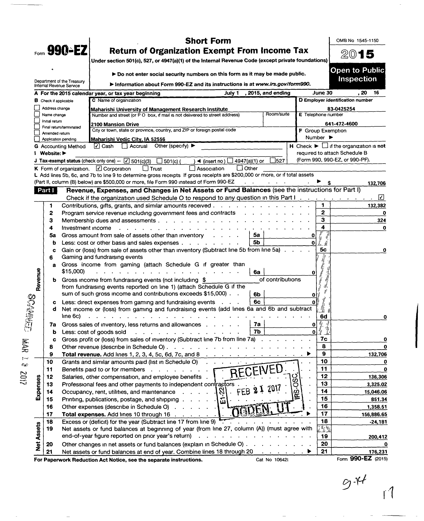 Image of first page of 2015 Form 990EZ for Institute for Prevention Research