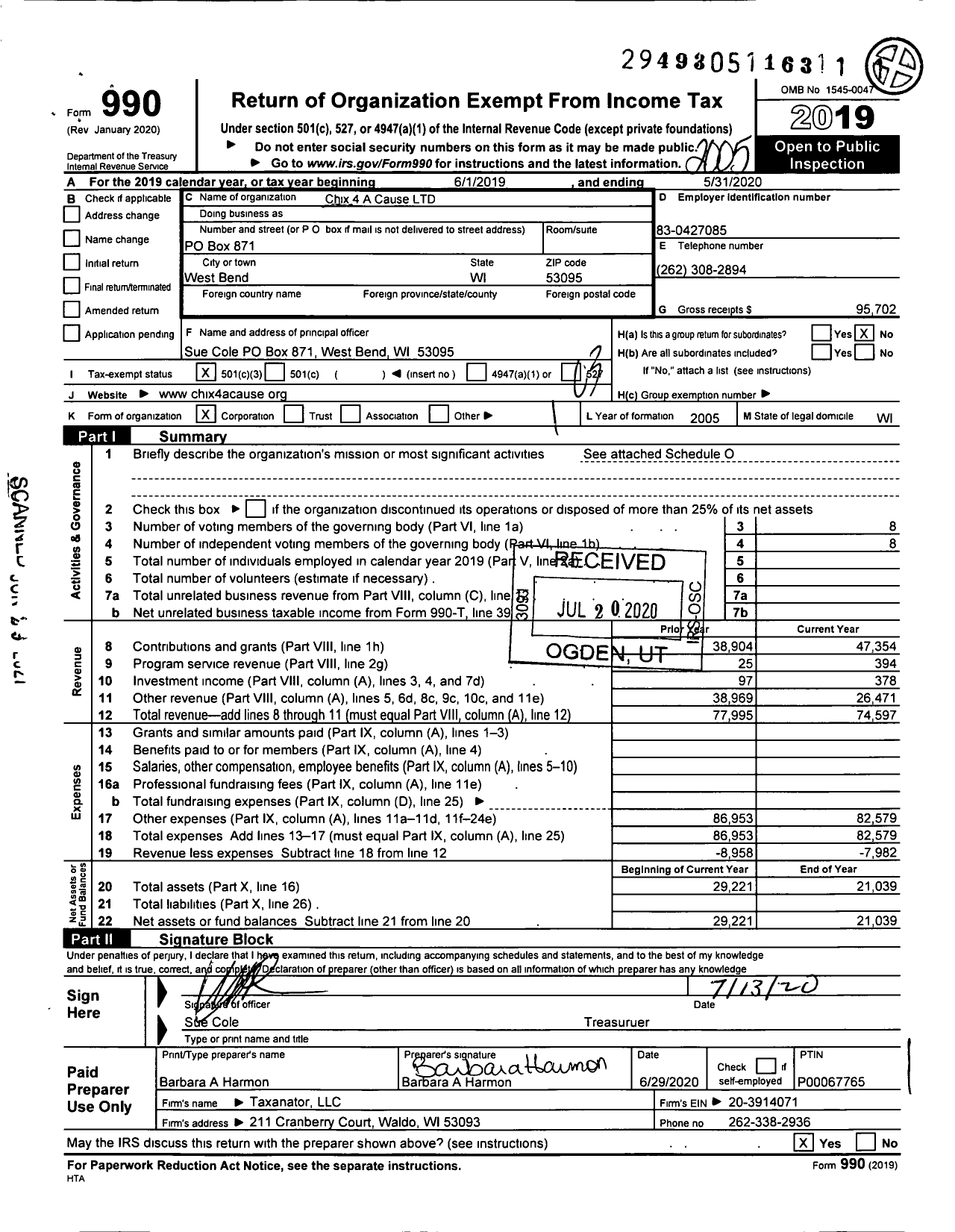 Image of first page of 2019 Form 990 for Chix 4 A Cause