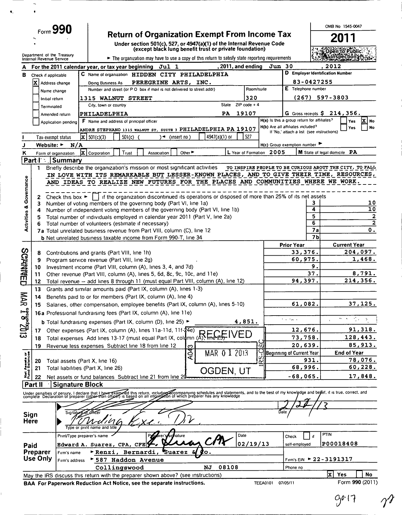 Image of first page of 2011 Form 990 for Hidden City Philadelphia