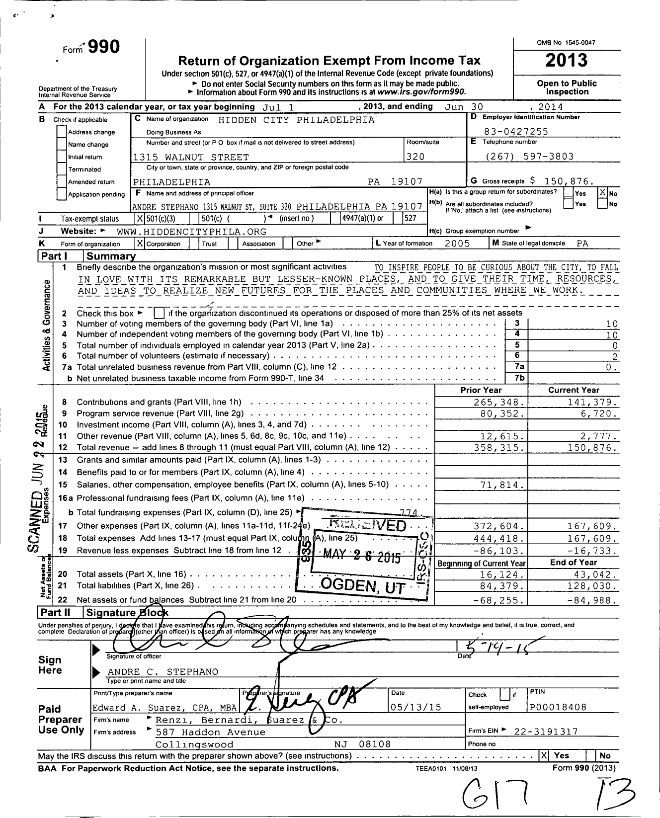 Image of first page of 2013 Form 990 for Hidden City Philadelphia