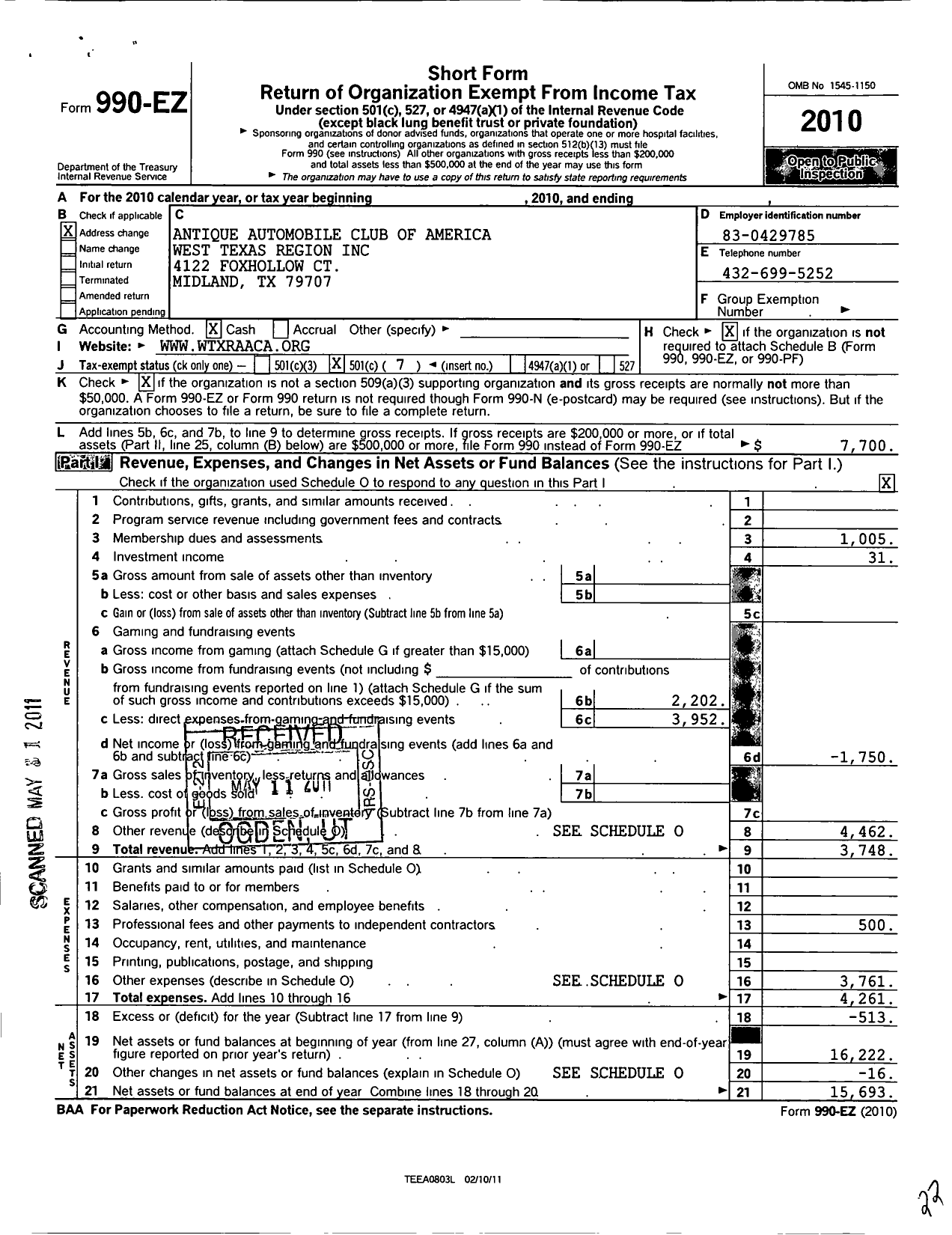 Image of first page of 2010 Form 990EO for Antique Automobile Club of America West Texas Region (AACAWTR)