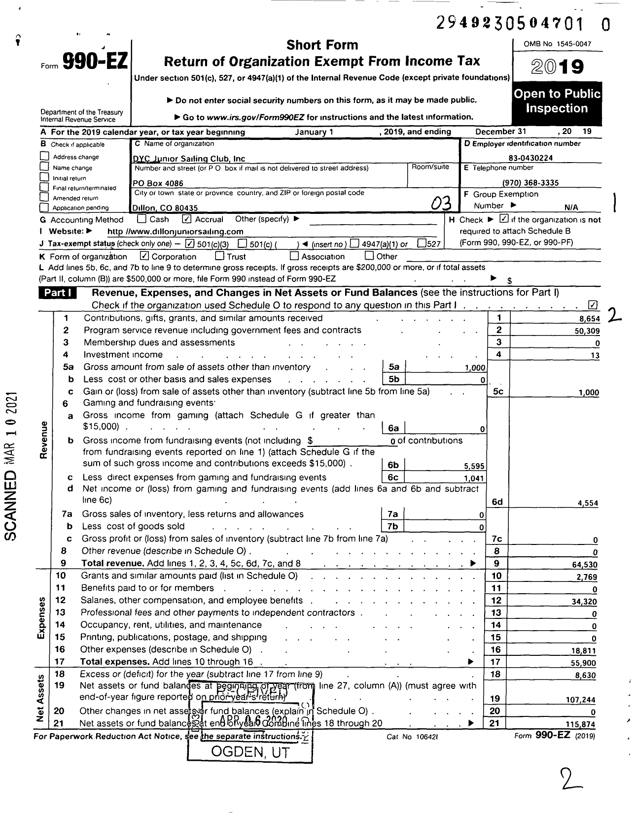 Image of first page of 2019 Form 990EZ for DYC Junior Sailing Club