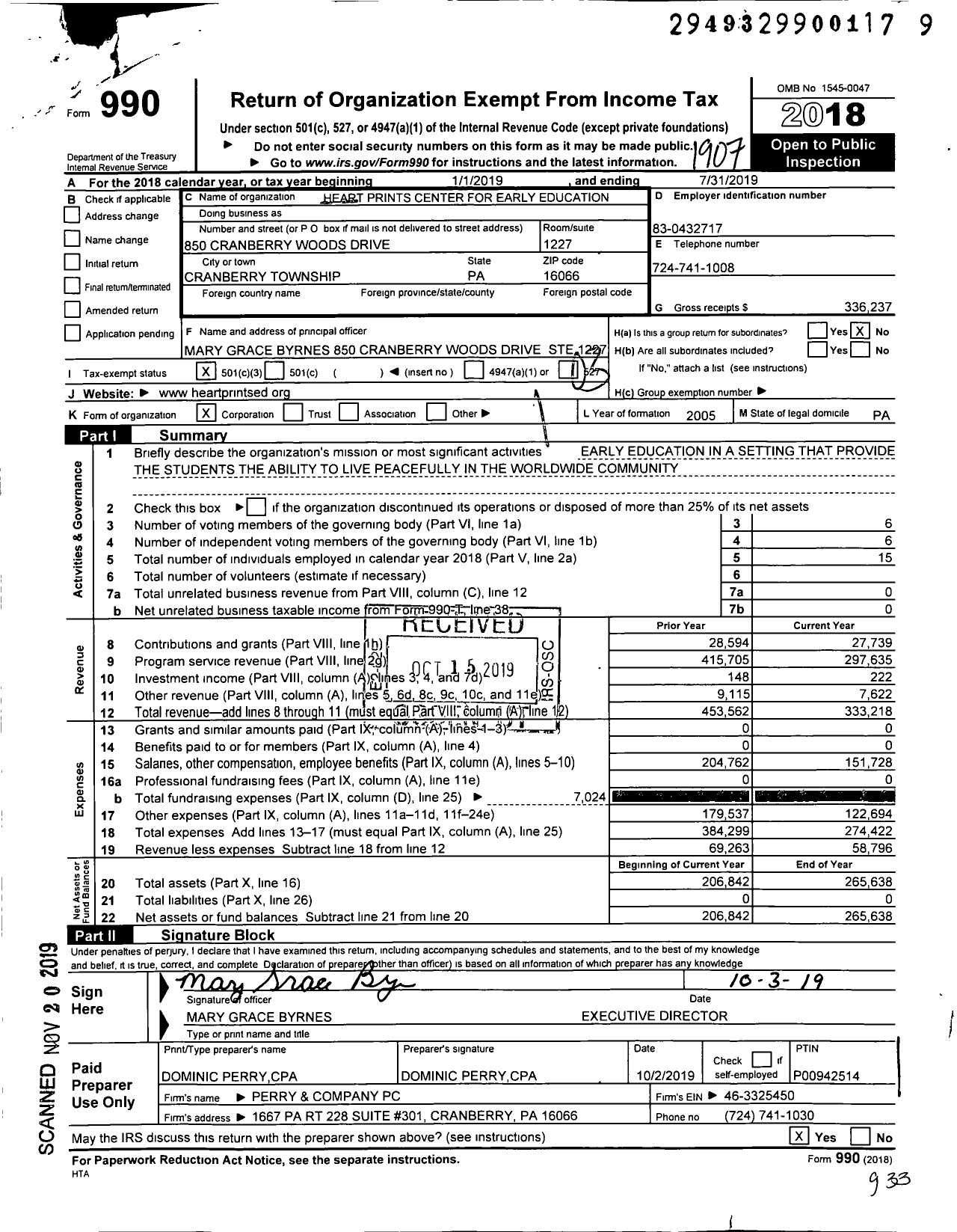 Image of first page of 2018 Form 990 for Heart Prints Center for Early Education