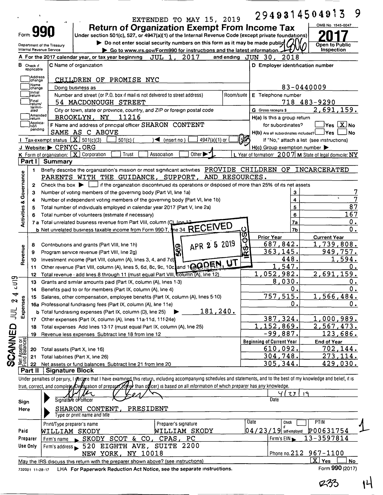 Image of first page of 2017 Form 990 for Children of Promise New York City (CPNYC)